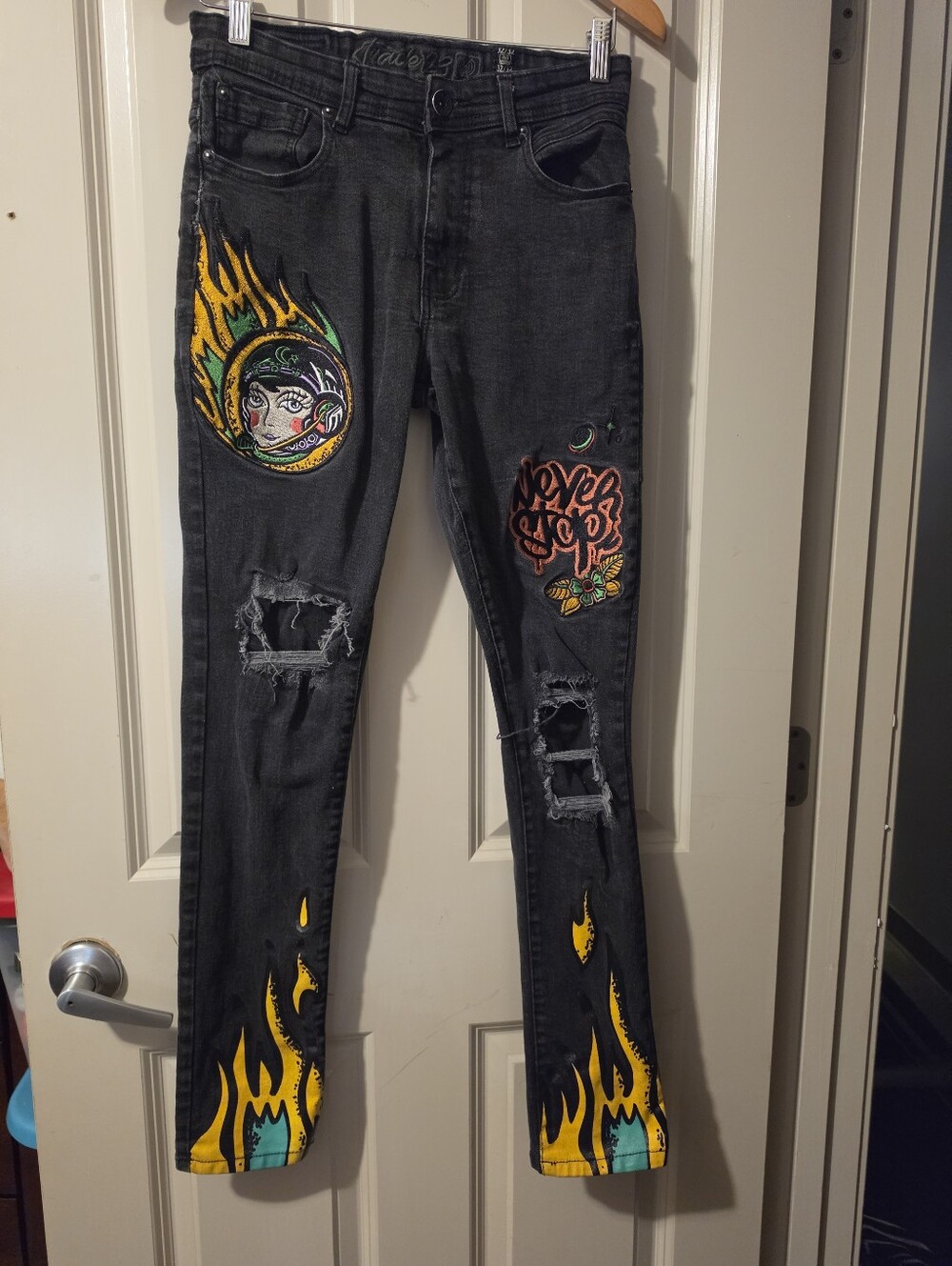 Track 23 Black Distressed Jeans with Flame